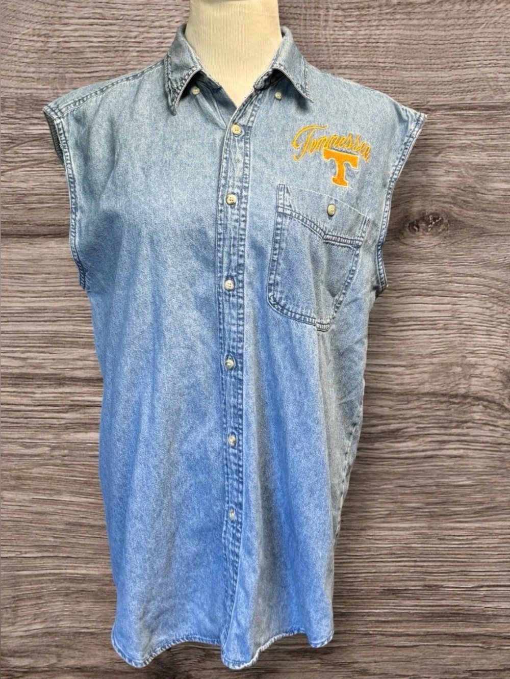 EUC Joe College University of Tennessee Sleeveless Button Down Denim Shirt